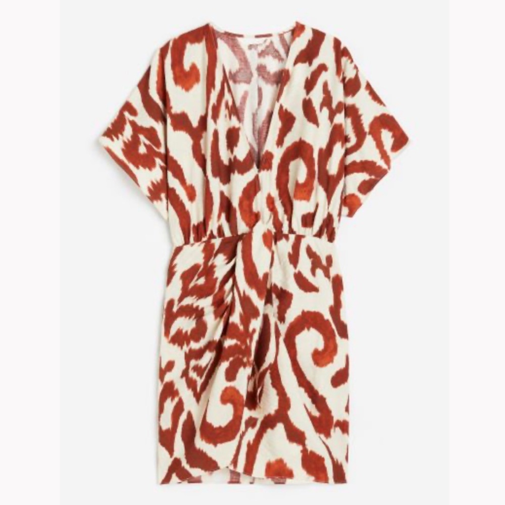 H&M Cream/Brown patterned V-neck dress - XS - NWT